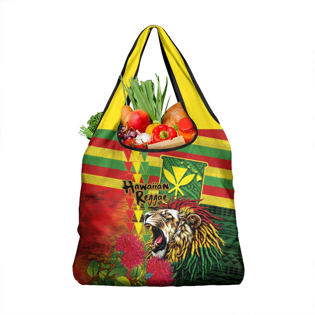 Hawaiian Reggae Grocery Bag Kakau Art Motifs with Ohia Lehua and Rastafari Lion LT03 1-pack One Size Multicolor - Polynesian Pride