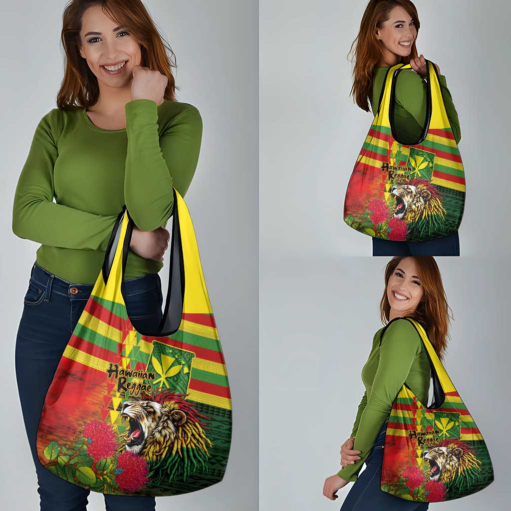 Hawaiian Reggae Grocery Bag Kakau Art Motifs with Ohia Lehua and Rastafari Lion LT03 - Polynesian Pride