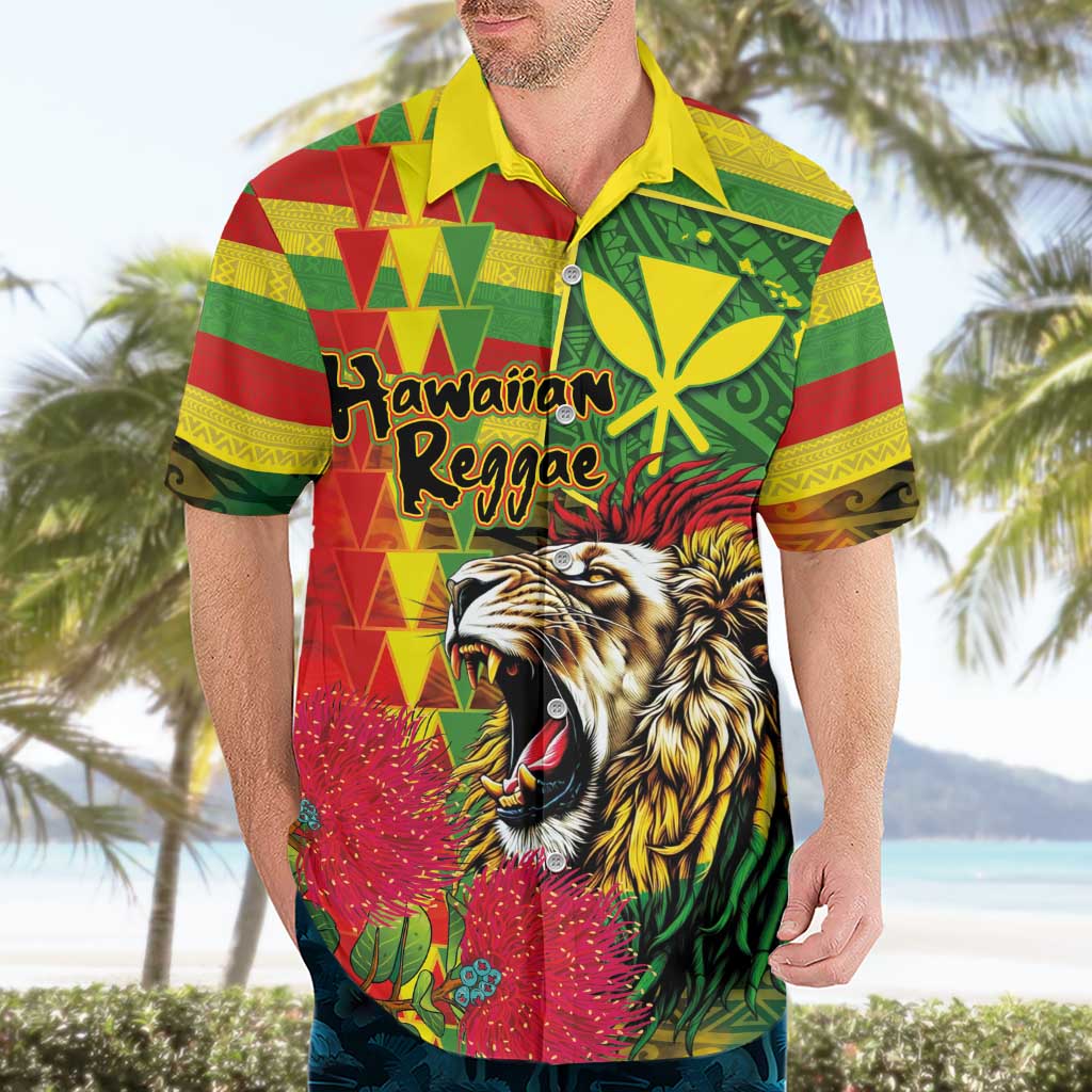 Hawaiian Reggae Hawaiian Shirt Kakau Art Motifs with Ohia Lehua and Rastafari Lion LT03 - Polynesian Pride