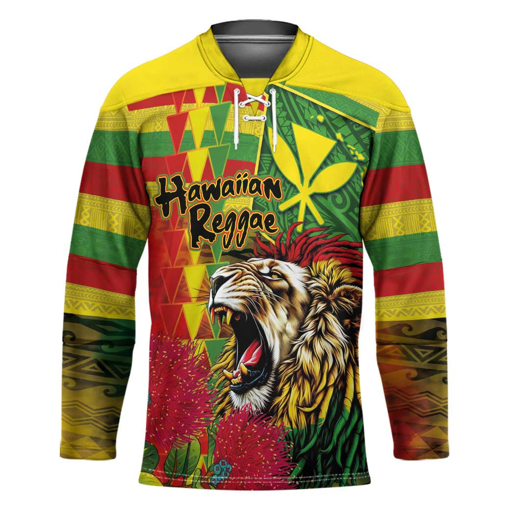 Hawaiian Reggae Hockey Jersey Kakau Art Motifs with Ohia Lehua and Rastafari Lion - Polynesian Pride