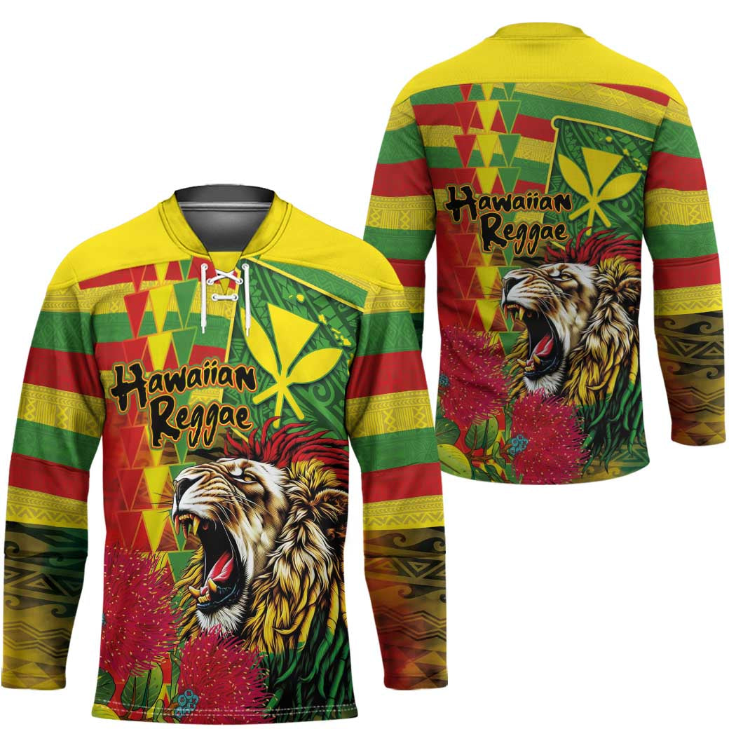 Hawaiian Reggae Hockey Jersey Kakau Art Motifs with Ohia Lehua and Rastafari Lion LT03 - Polynesian Pride