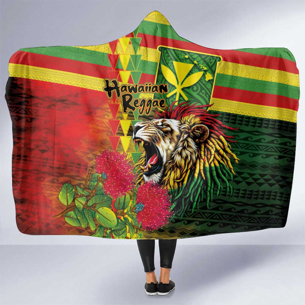 Hawaiian Reggae Hooded Blanket Kakau Art Motifs with Ohia Lehua and Rastafari Lion LT03 One Size Multicolor - Polynesian Pride