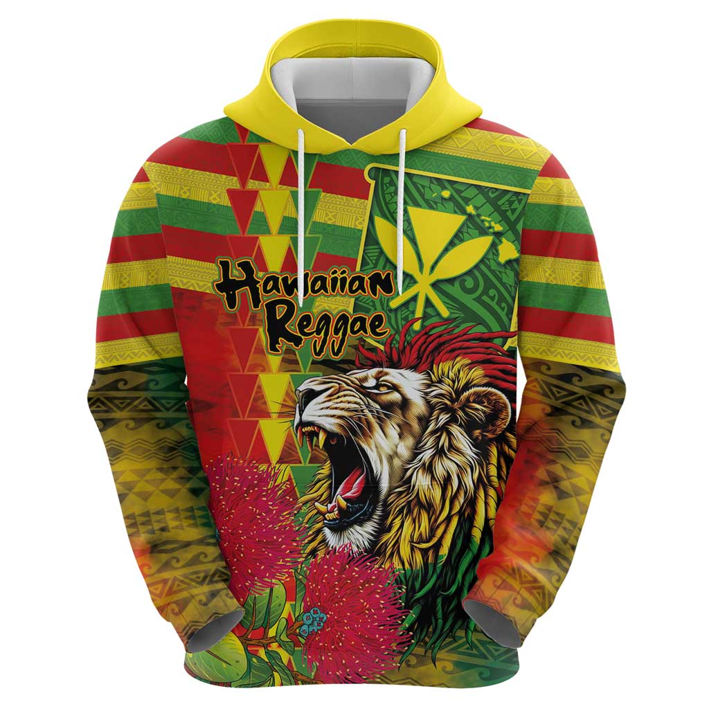 Hawaiian Reggae Hoodie Kakau Art Motifs with Ohia Lehua and Rastafari Lion LT03 - Polynesian Pride