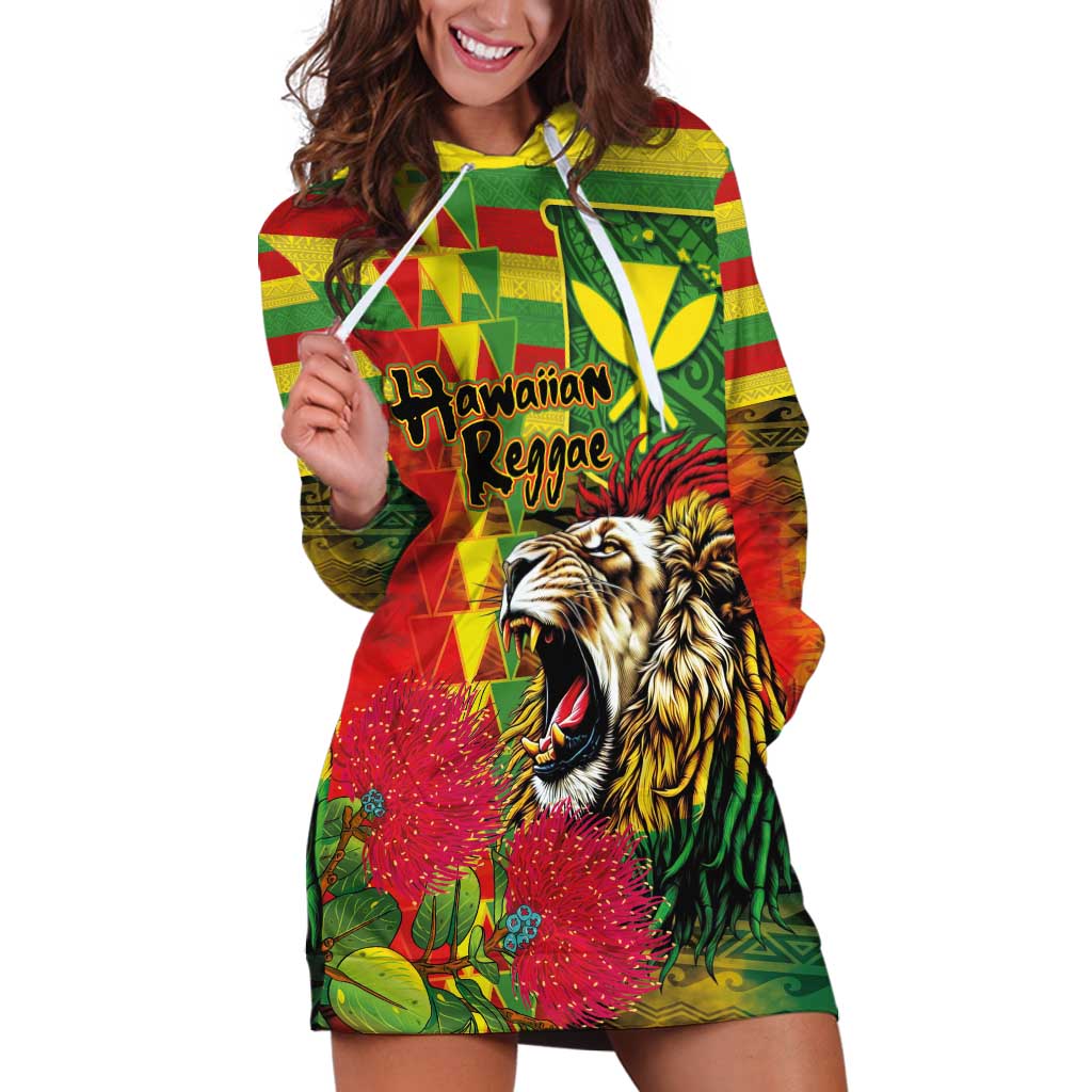 Hawaiian Reggae Hoodie Dress Kakau Art Motifs with Ohia Lehua and Rastafari Lion LT03 Multicolor - Polynesian Pride