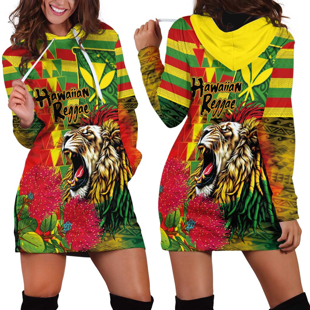 Hawaiian Reggae Hoodie Dress Kakau Art Motifs with Ohia Lehua and Rastafari Lion LT03 - Polynesian Pride
