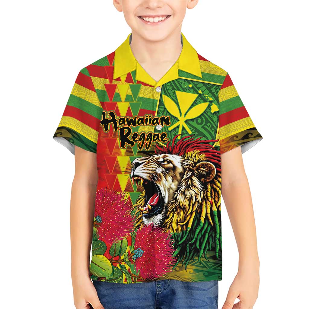 Hawaiian Reggae Kid Hawaiian Shirt Kakau Art Motifs with Ohia Lehua and Rastafari Lion LT03 Kid Multicolor - Polynesian Pride
