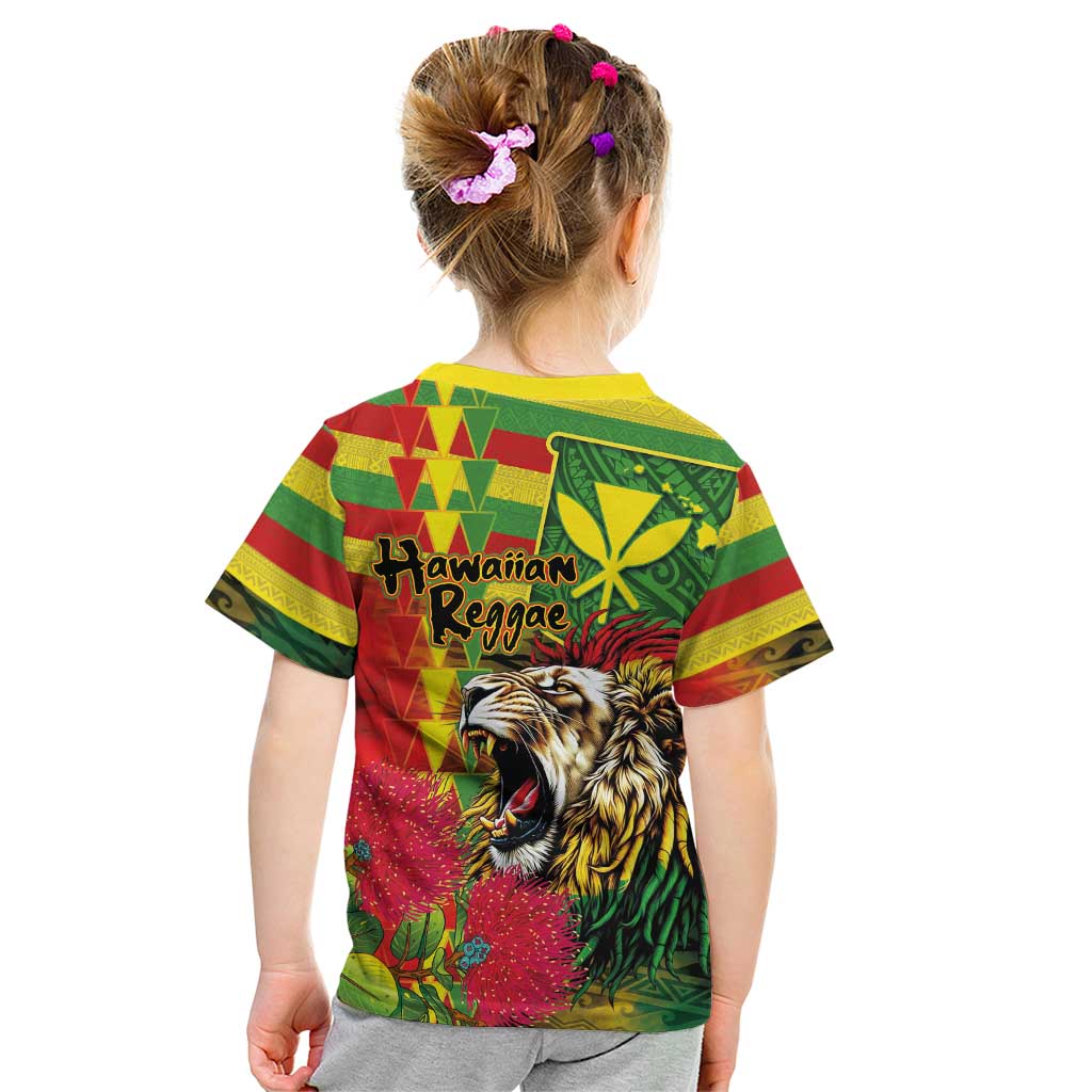 Hawaiian Reggae Kid T Shirt Kakau Art Motifs with Ohia Lehua and Rastafari Lion LT03 - Polynesian Pride