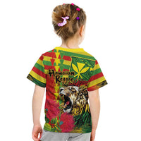 Hawaiian Reggae Kid T Shirt Kakau Art Motifs with Ohia Lehua and Rastafari Lion LT03 - Polynesian Pride