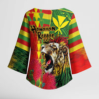 Hawaiian Reggae Kimono Sleeve Blouse Kakau Art Motifs with Ohia Lehua and Rastafari Lion LT03 - Polynesian Pride