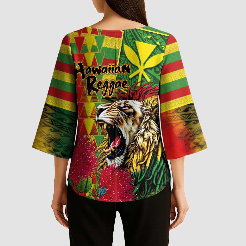 Hawaiian Reggae Kimono Sleeve Blouse Kakau Art Motifs with Ohia Lehua and Rastafari Lion LT03 - Polynesian Pride