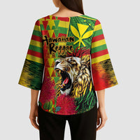 Hawaiian Reggae Kimono Sleeve Blouse Kakau Art Motifs with Ohia Lehua and Rastafari Lion LT03 - Polynesian Pride