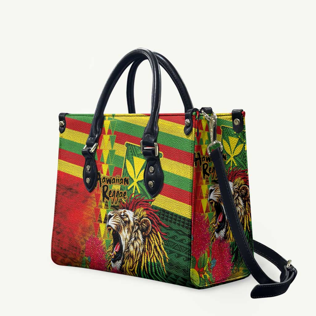 Hawaiian Reggae Leather Bag Kakau Art Motifs with Ohia Lehua and Rastafari Lion LT03 Multicolor - Polynesian Pride