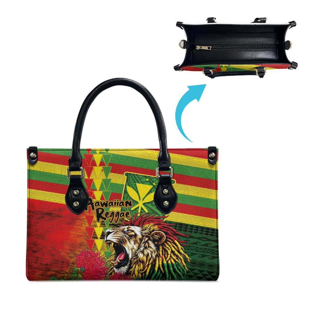 Hawaiian Reggae Leather Bag Kakau Art Motifs with Ohia Lehua and Rastafari Lion LT03 - Polynesian Pride