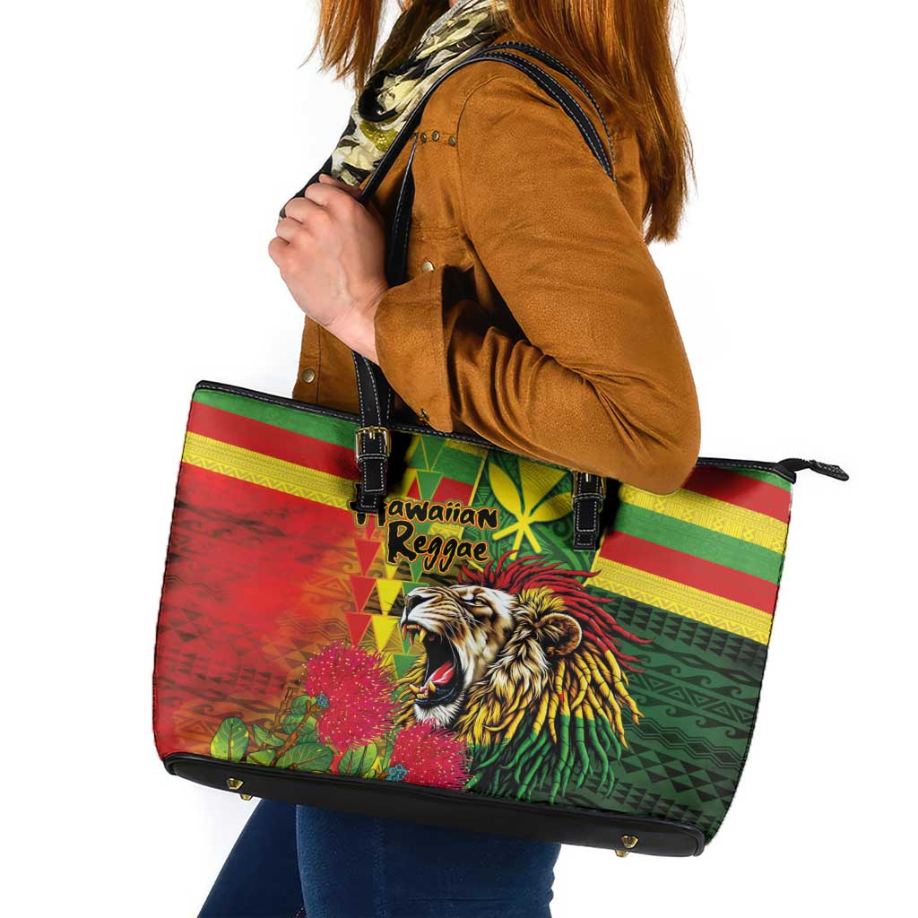 Hawaiian Reggae Leather Tote Bag Kakau Art Motifs with Ohia Lehua and Rastafari Lion LT03 Multicolor - Polynesian Pride