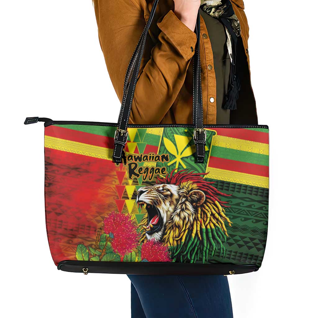 Hawaiian Reggae Leather Tote Bag Kakau Art Motifs with Ohia Lehua and Rastafari Lion LT03 - Polynesian Pride