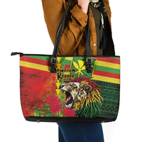 Hawaiian Reggae Leather Tote Bag Kakau Art Motifs with Ohia Lehua and Rastafari Lion LT03 - Polynesian Pride
