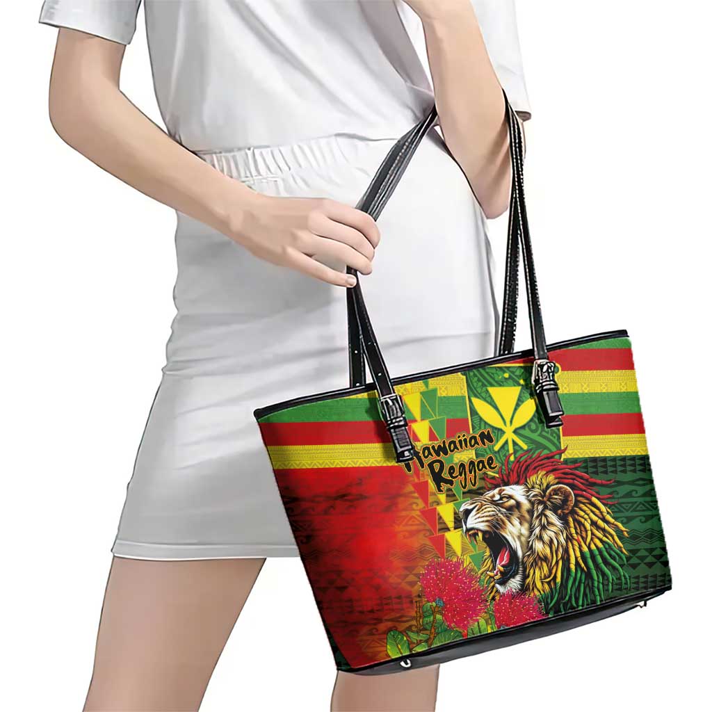 Hawaiian Reggae Leather Tote Bag Kakau Art Motifs with Ohia Lehua and Rastafari Lion LT03 - Polynesian Pride