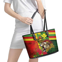 Hawaiian Reggae Leather Tote Bag Kakau Art Motifs with Ohia Lehua and Rastafari Lion LT03 - Polynesian Pride