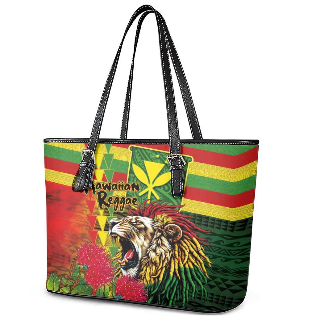 Hawaiian Reggae Leather Tote Bag Kakau Art Motifs with Ohia Lehua and Rastafari Lion LT03 - Polynesian Pride