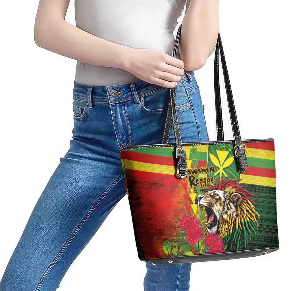 Hawaiian Reggae Leather Tote Bag Kakau Art Motifs with Ohia Lehua and Rastafari Lion LT03 - Polynesian Pride
