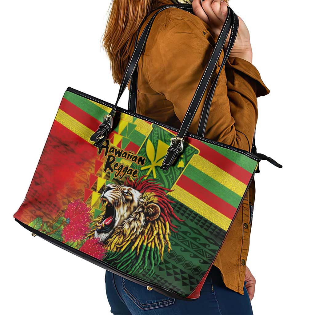 Hawaiian Reggae Leather Tote Bag Kakau Art Motifs with Ohia Lehua and Rastafari Lion LT03 - Polynesian Pride