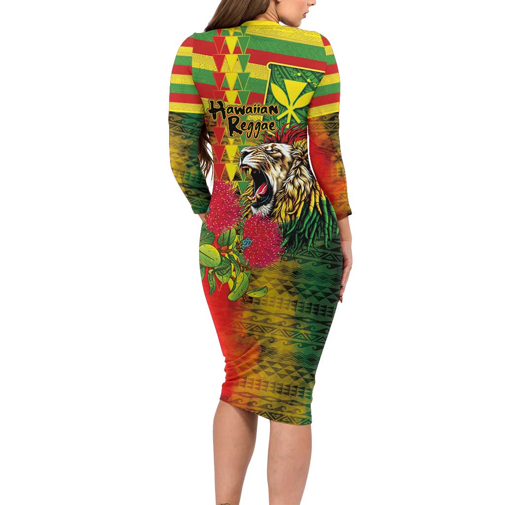 Hawaiian Reggae Long Sleeve Bodycon Dress Kakau Art Motifs with Ohia Lehua and Rastafari Lion LT03 - Polynesian Pride