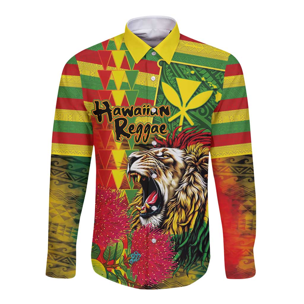 Hawaiian Reggae Long Sleeve Button Shirt Kakau Art Motifs with Ohia Lehua and Rastafari Lion LT03 Unisex Multicolor - Polynesian Pride