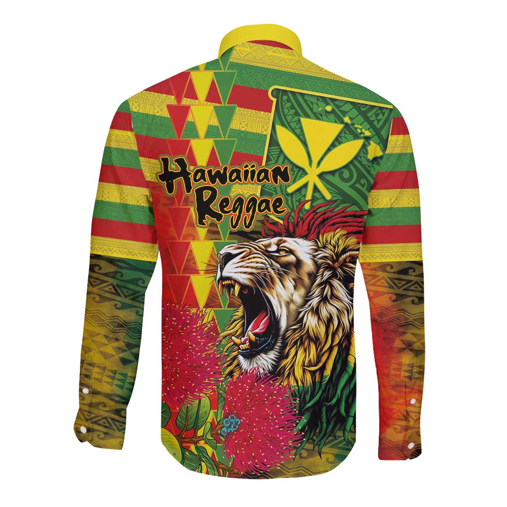 Hawaiian Reggae Long Sleeve Button Shirt Kakau Art Motifs with Ohia Lehua and Rastafari Lion LT03 - Polynesian Pride