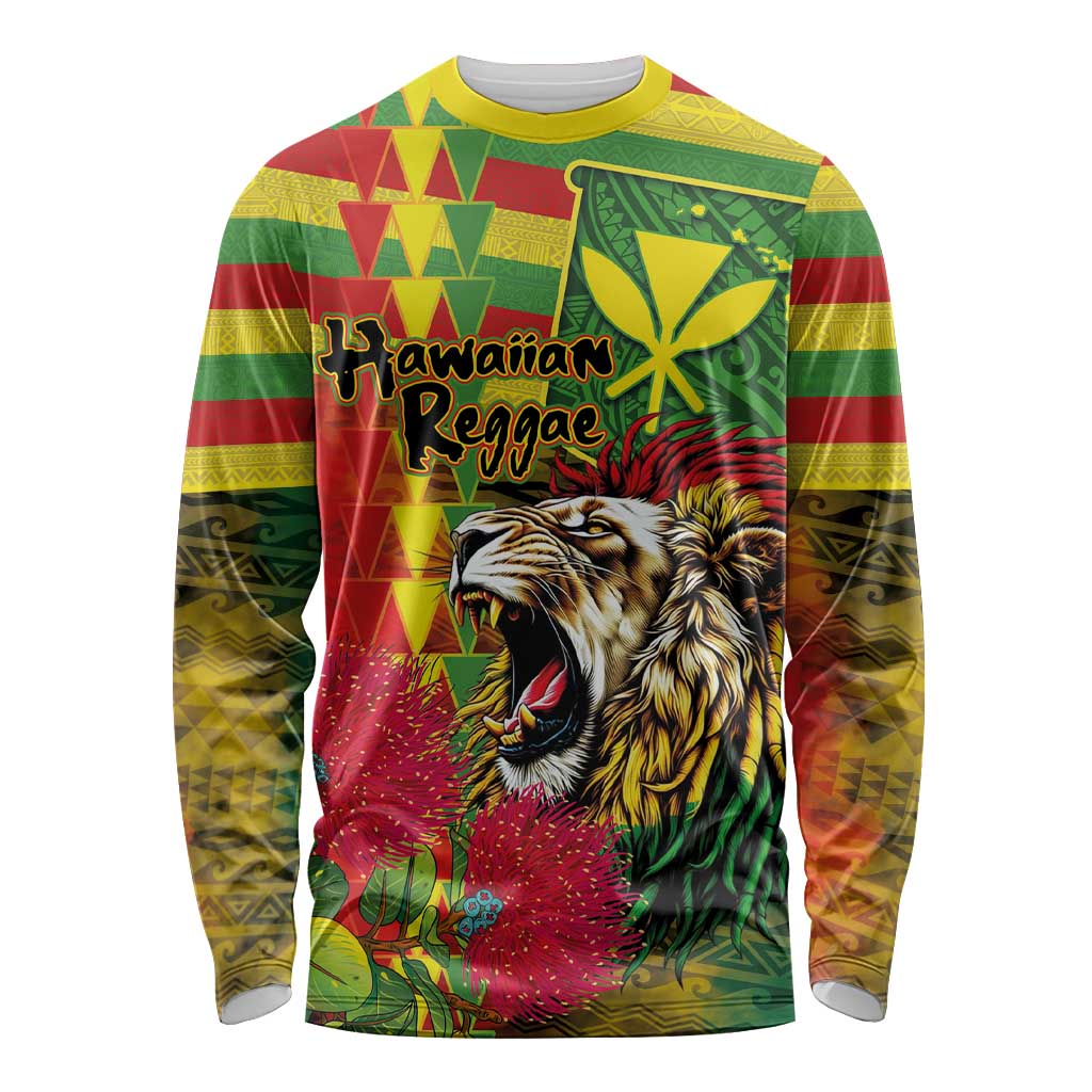 Hawaiian Reggae Long Sleeve Shirt Kakau Art Motifs with Ohia Lehua and Rastafari Lion LT03 Unisex Multicolor - Polynesian Pride