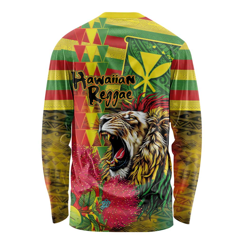 Hawaiian Reggae Long Sleeve Shirt Kakau Art Motifs with Ohia Lehua and Rastafari Lion LT03 - Polynesian Pride