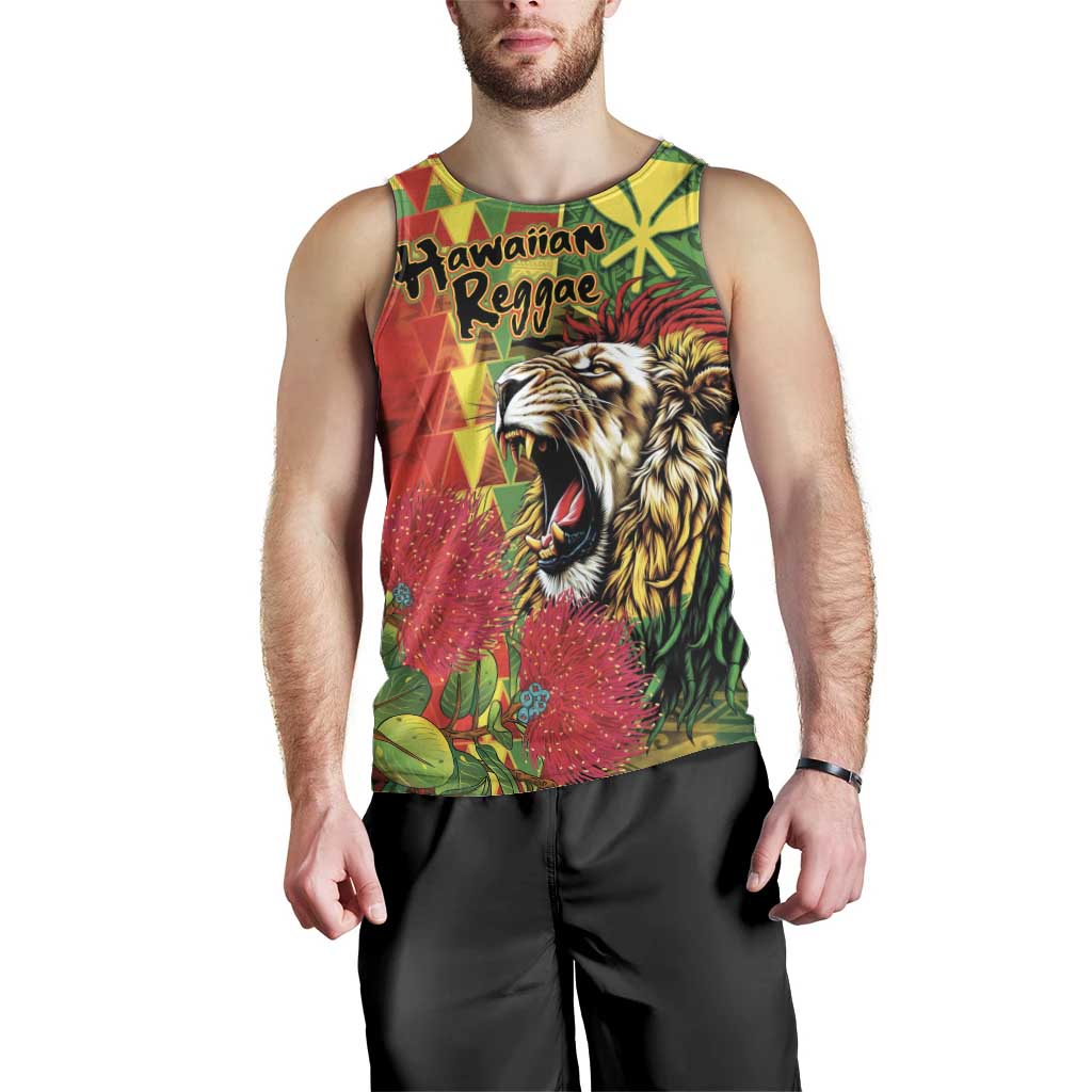 Hawaiian Reggae Men Tank Top Kakau Art Motifs with Ohia Lehua and Rastafari Lion LT03 - Polynesian Pride