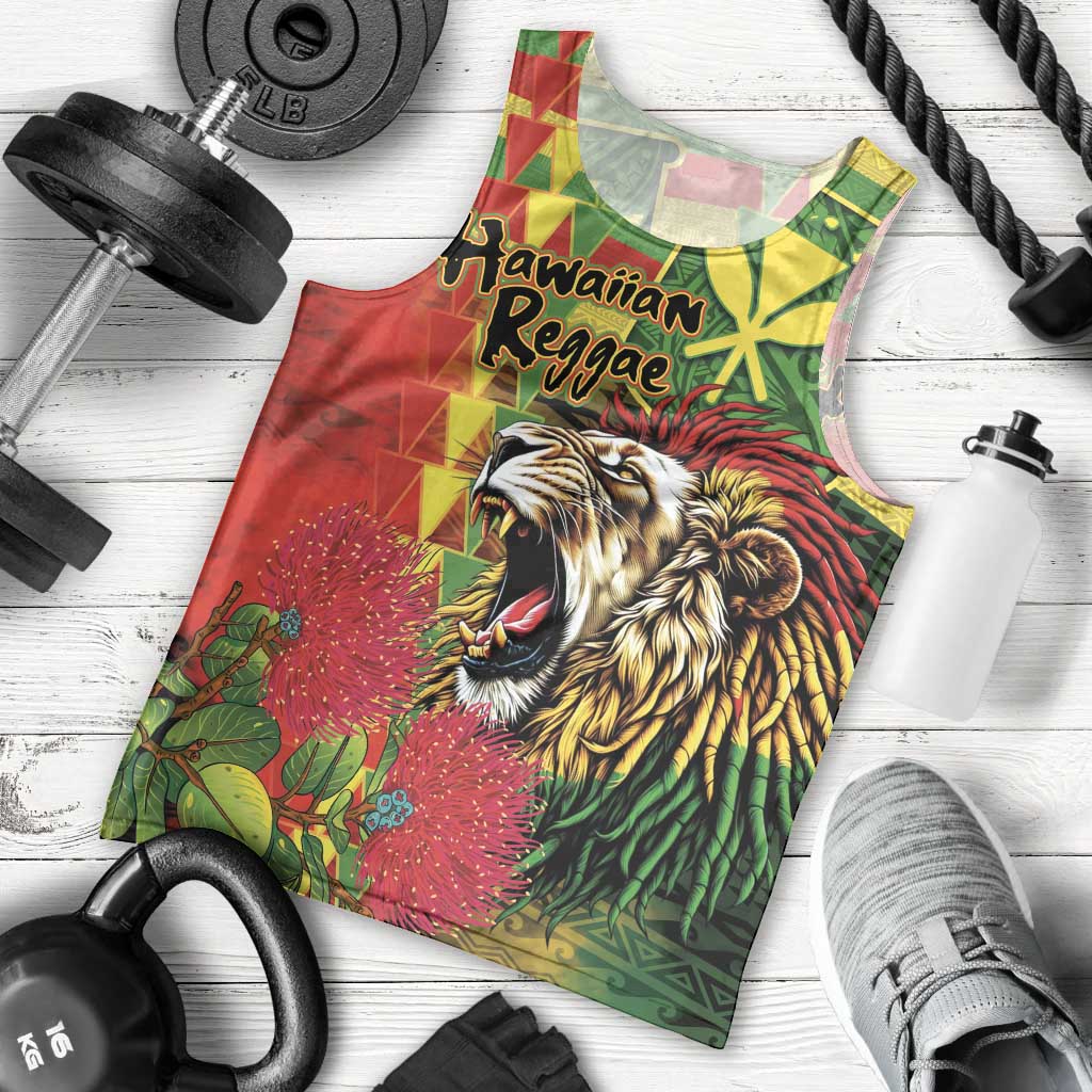 Hawaiian Reggae Men Tank Top Kakau Art Motifs with Ohia Lehua and Rastafari Lion LT03 - Polynesian Pride