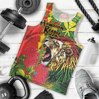 Hawaiian Reggae Men Tank Top Kakau Art Motifs with Ohia Lehua and Rastafari Lion LT03 - Polynesian Pride