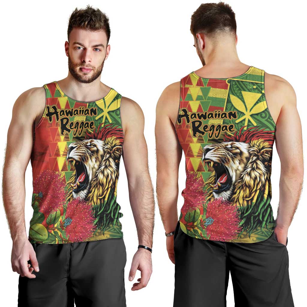 Hawaiian Reggae Men Tank Top Kakau Art Motifs with Ohia Lehua and Rastafari Lion LT03 - Polynesian Pride