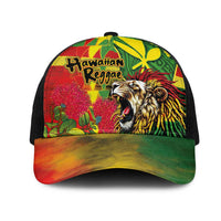 Hawaiian Reggae Mesh Trucker Cap Kakau Art Motifs with Ohia Lehua and Rastafari Lion LT03 One Size Black Multicolor - Polynesian Pride