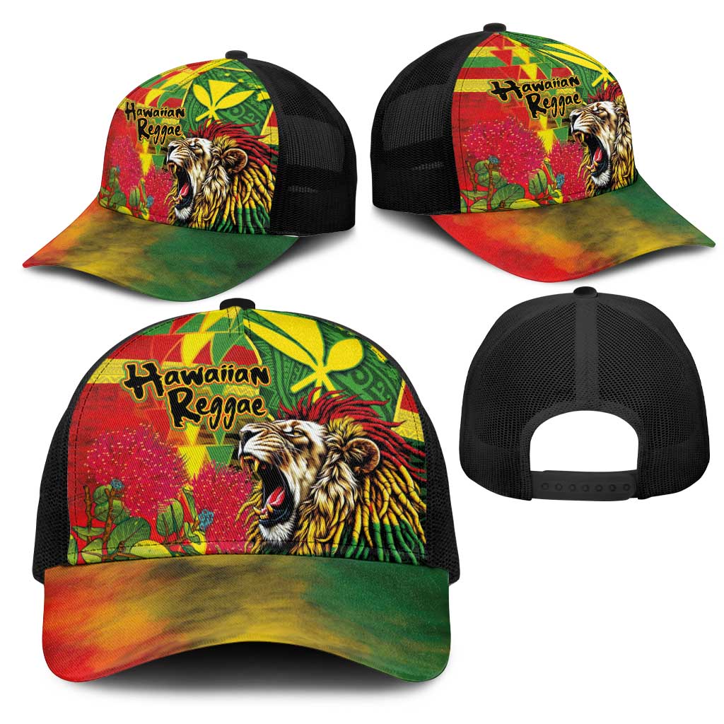 Hawaiian Reggae Mesh Trucker Cap Kakau Art Motifs with Ohia Lehua and Rastafari Lion LT03 - Polynesian Pride