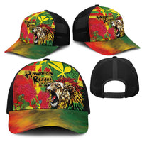 Hawaiian Reggae Mesh Trucker Cap Kakau Art Motifs with Ohia Lehua and Rastafari Lion LT03 - Polynesian Pride