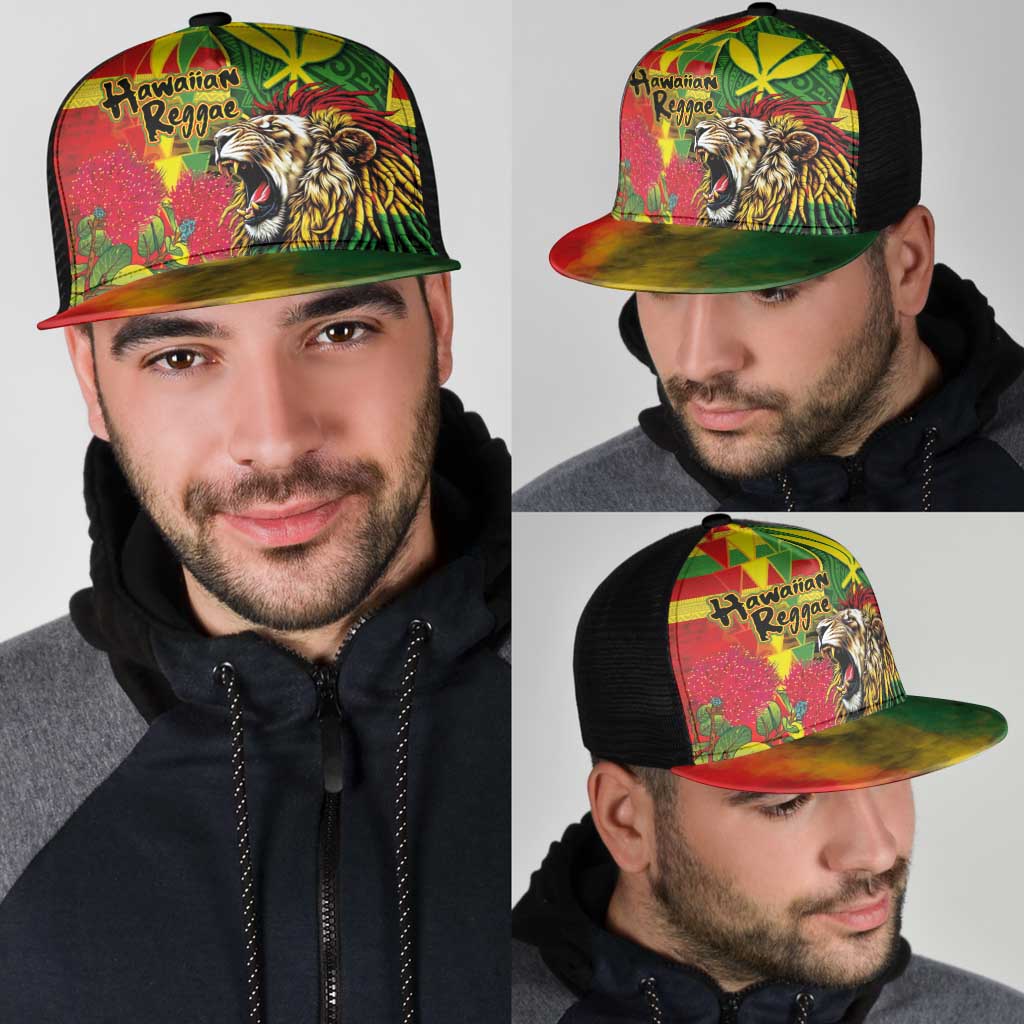 Hawaiian Reggae Mesh Trucker Cap Kakau Art Motifs with Ohia Lehua and Rastafari Lion LT03 - Polynesian Pride