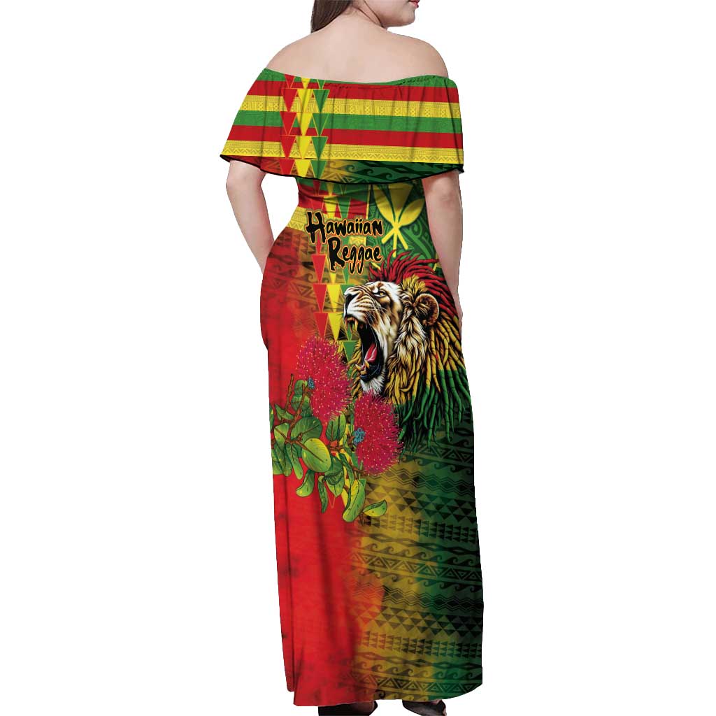 Hawaiian Reggae Off Shoulder Maxi Dress Kakau Art Motifs with Ohia Lehua and Rastafari Lion LT03 - Polynesian Pride