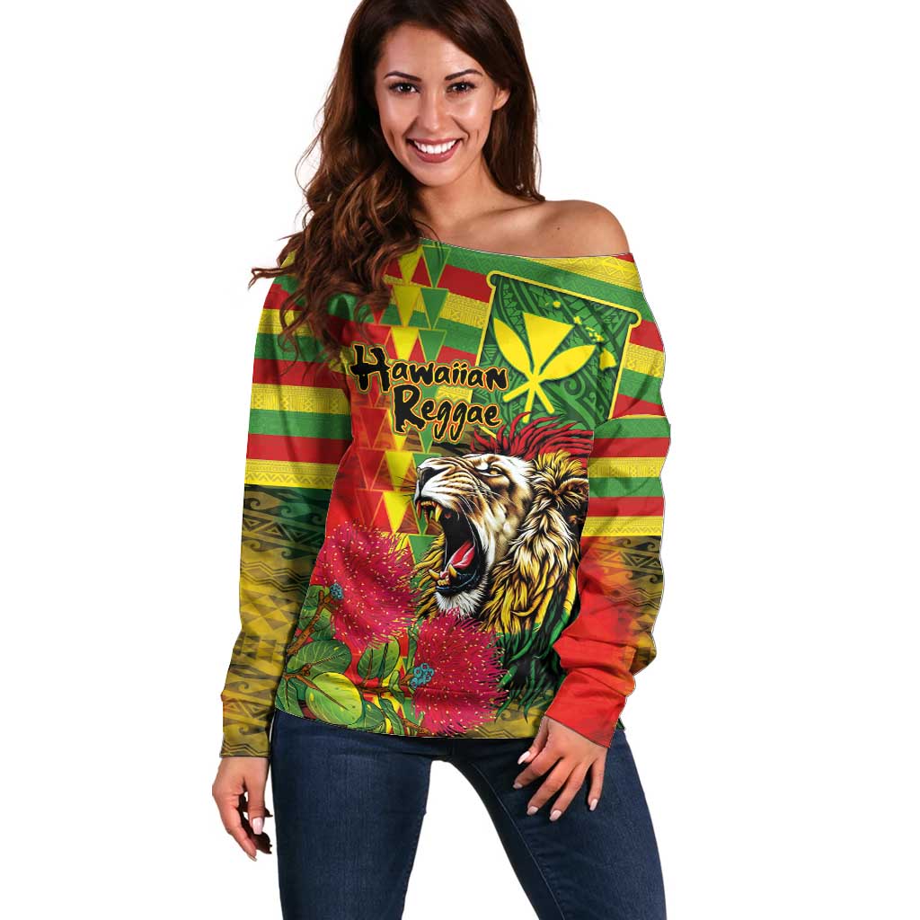 Hawaiian Reggae Off Shoulder Sweater Kakau Art Motifs with Ohia Lehua and Rastafari Lion LT03 Women Multicolor - Polynesian Pride