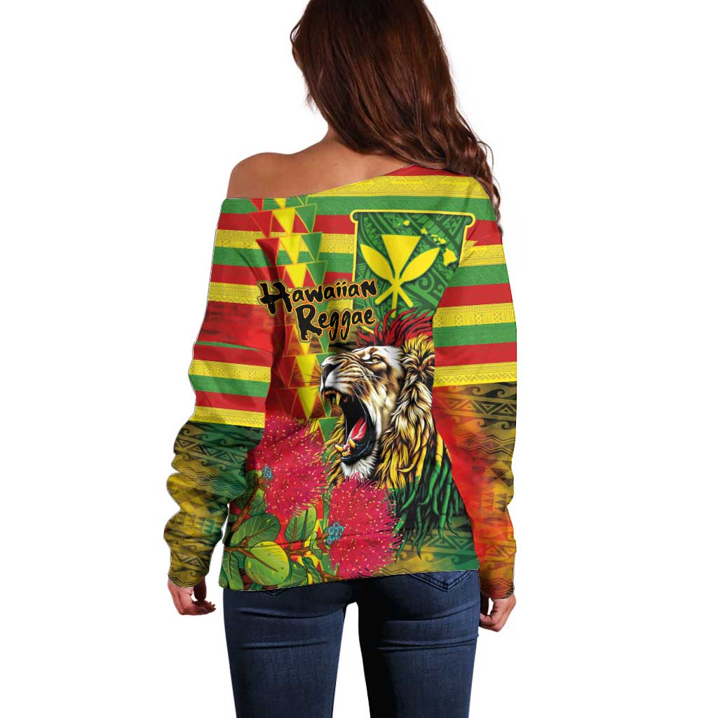 Hawaiian Reggae Off Shoulder Sweater Kakau Art Motifs with Ohia Lehua and Rastafari Lion LT03 - Polynesian Pride