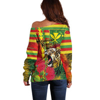 Hawaiian Reggae Off Shoulder Sweater Kakau Art Motifs with Ohia Lehua and Rastafari Lion LT03 - Polynesian Pride