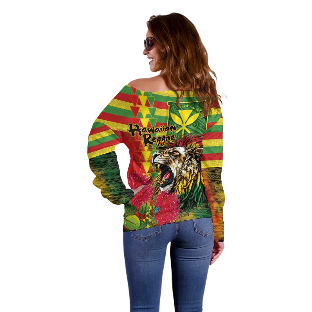 Hawaiian Reggae Off Shoulder Sweater Kakau Art Motifs with Ohia Lehua and Rastafari Lion LT03 - Polynesian Pride