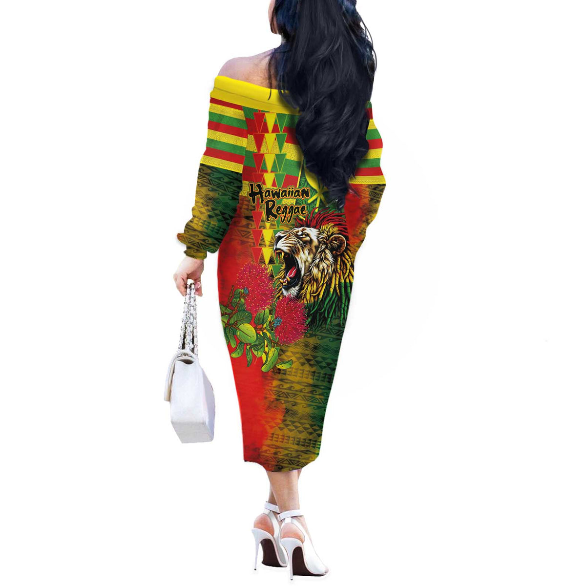 Hawaiian Reggae Off The Shoulder Long Sleeve Dress Kakau Art Motifs with Ohia Lehua and Rastafari Lion LT03 - Polynesian Pride