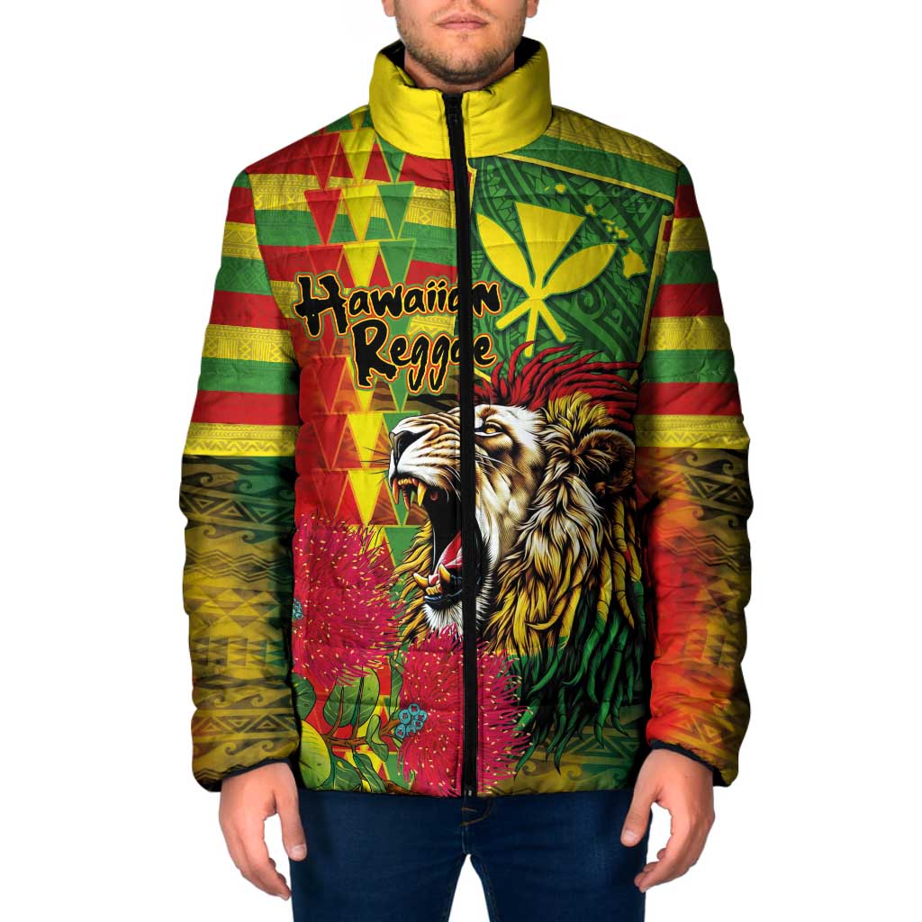 Hawaiian Reggae Padded Jacket Kakau Art Motifs with Ohia Lehua and Rastafari Lion LT03 Men Multicolor - Polynesian Pride