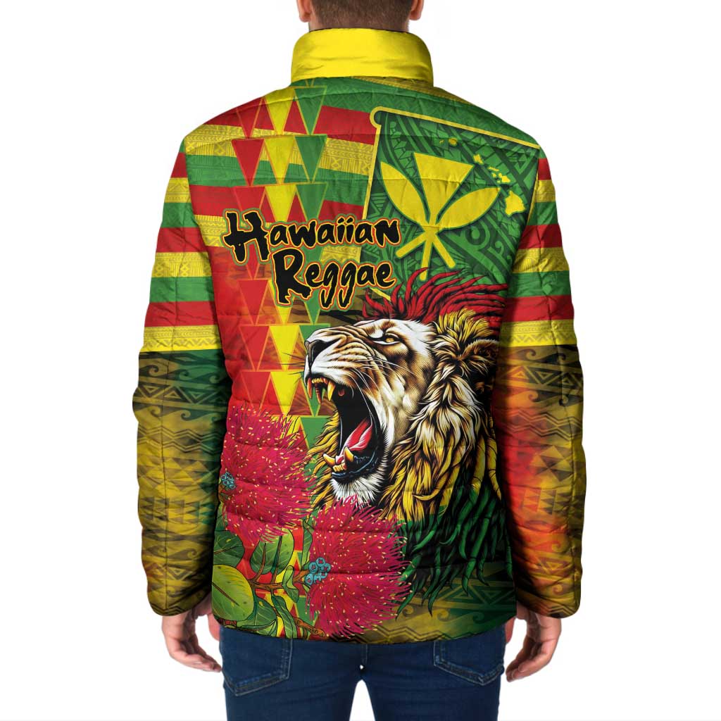 Hawaiian Reggae Padded Jacket Kakau Art Motifs with Ohia Lehua and Rastafari Lion LT03 - Polynesian Pride