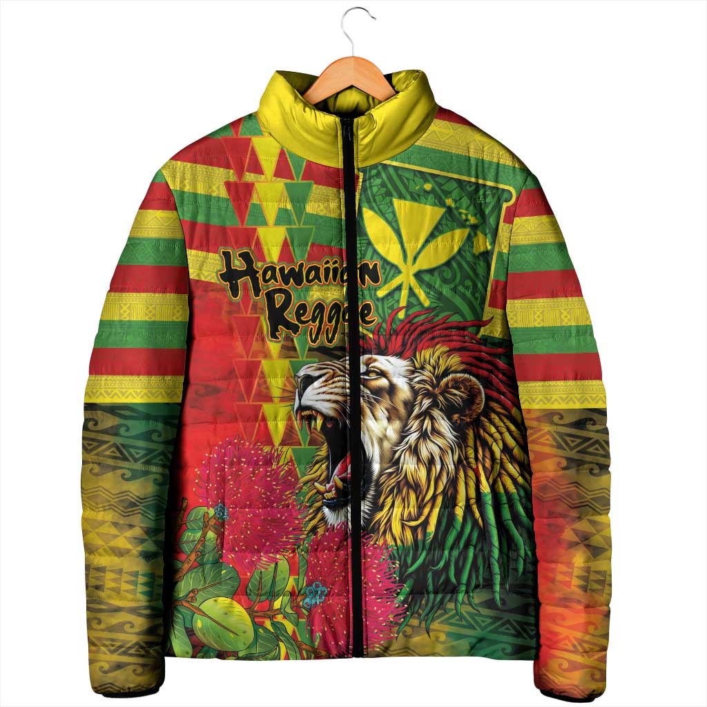 Hawaiian Reggae Padded Jacket Kakau Art Motifs with Ohia Lehua and Rastafari Lion LT03 - Polynesian Pride