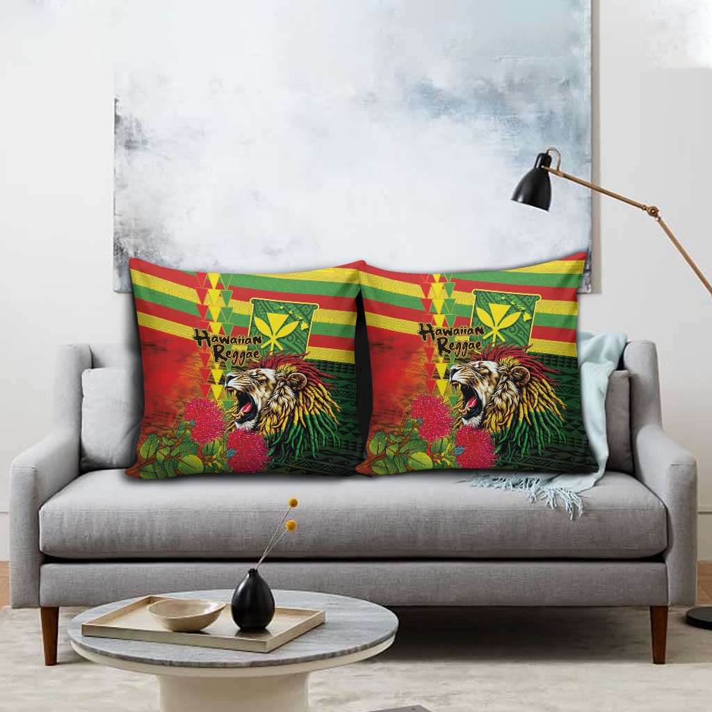 Hawaiian Reggae Pillow Cover Kakau Art Motifs with Ohia Lehua and Rastafari Lion LT03 - Polynesian Pride