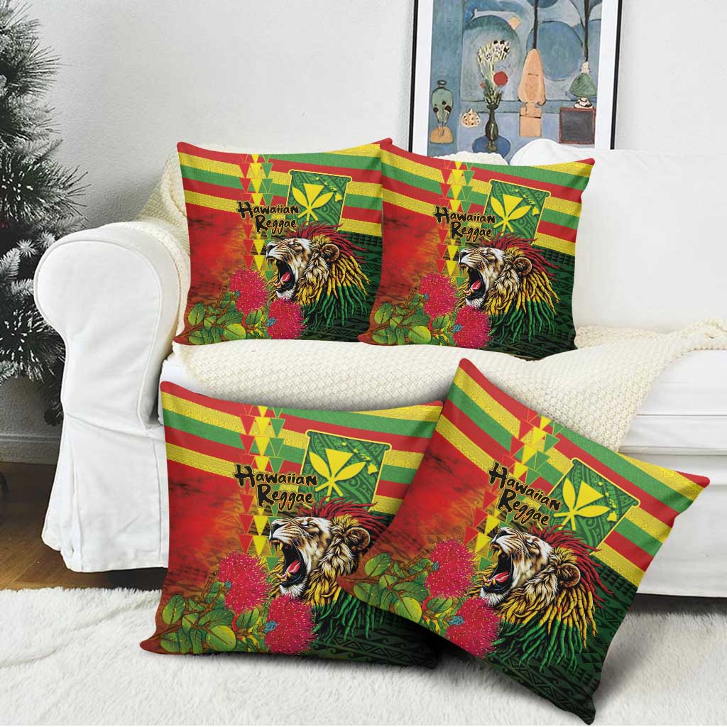 Hawaiian Reggae Pillow Cover Kakau Art Motifs with Ohia Lehua and Rastafari Lion LT03 - Polynesian Pride