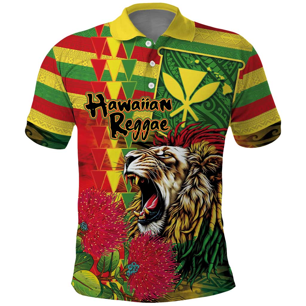 Hawaiian Reggae Polo Shirt - Kakau Art Motifs with Ohia Lehua and Rastafari Lion LT03 Multicolor - Polynesian Pride